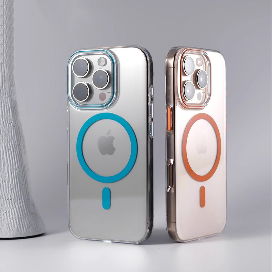 Ultra-Thin Crystal Clear MagSafe Case for iPhone with Colour Accents & Metal Buttons