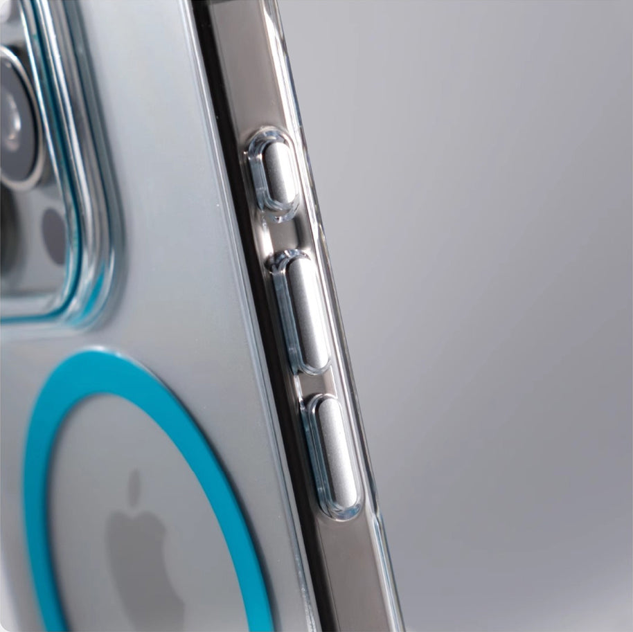 Ultra-Thin Crystal Clear MagSafe Case for iPhone with Colour Accents & Metal Buttons