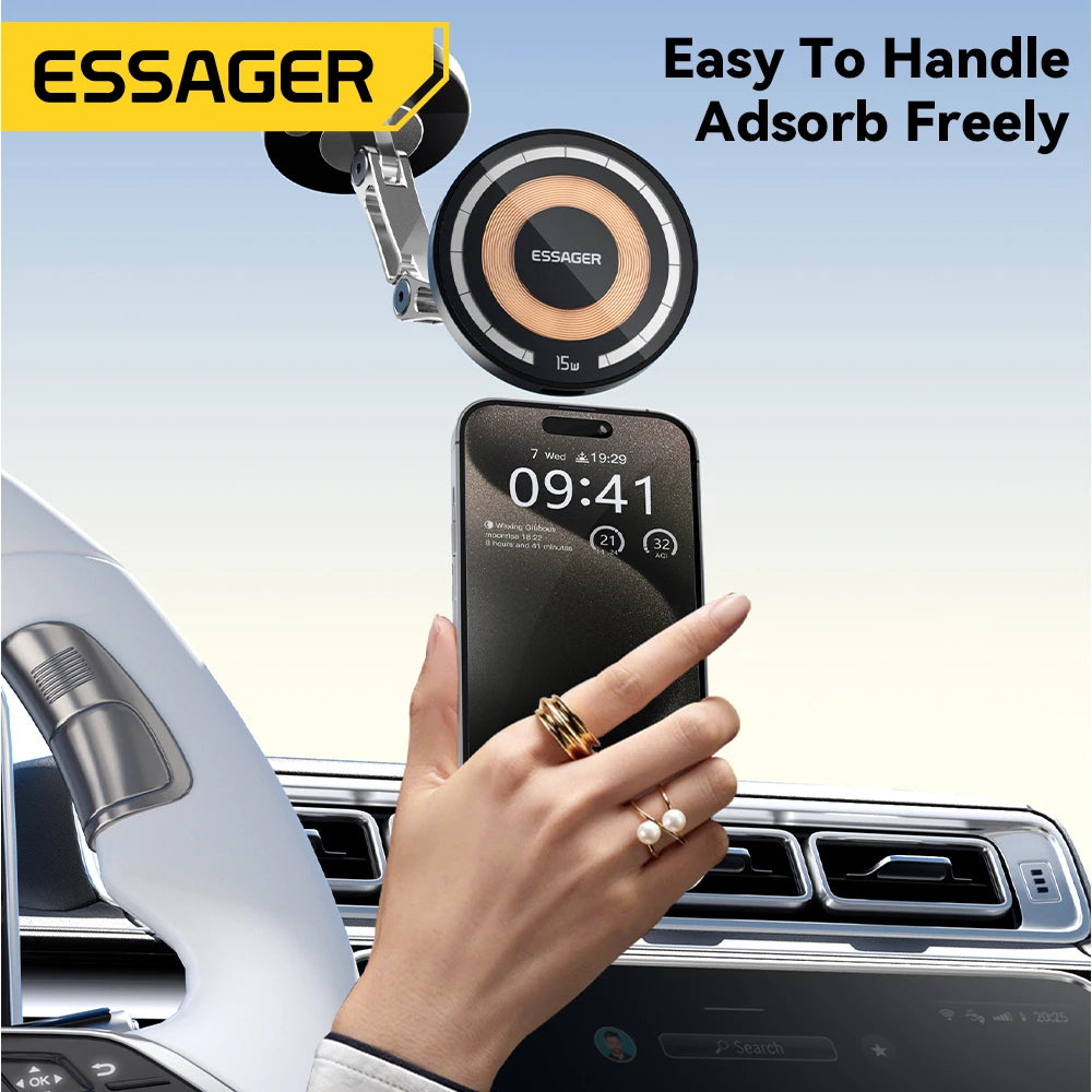 ESSAGER 15W Fast-Charge Magnetic Car Mount - Wireless Charging & 360° Rotation