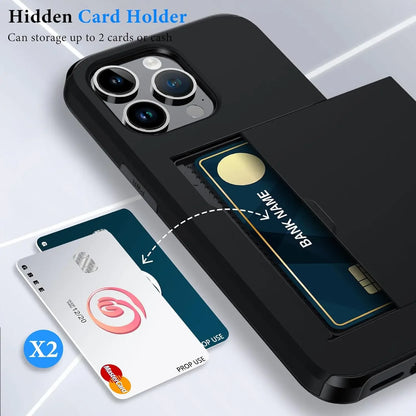 Slide Hidden Card Holder Hard Shell Protective Case for iPhone 14/15 Series