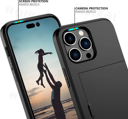Slide Hidden Card Holder Hard Shell Protective Case for iPhone 14/15 Series