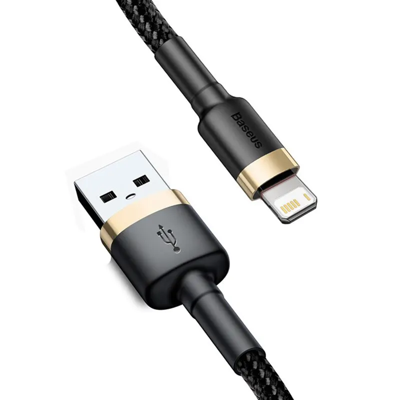 Baseus Fast Charging USB to Lightning Cable in gold from Aussie TechMate, compatible with iPhone 14 and previous series.