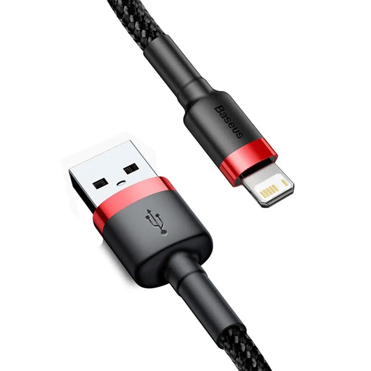 Baseus Fast Charging USB to Lightning Cable in red and black from Aussie TechMate, compatible with iPhone 14 and previous series.