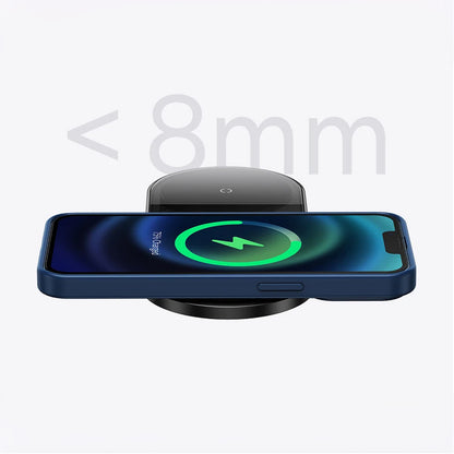 Side view highlighting the ultra-thin, 7mm design of the Baseus Dual Wireless Charger.