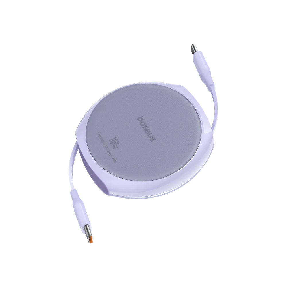 Baseus Retractable USB-C to USB-C 100W Fast Charging Cable in Purple, showcasing its retractable design and sleek finish.