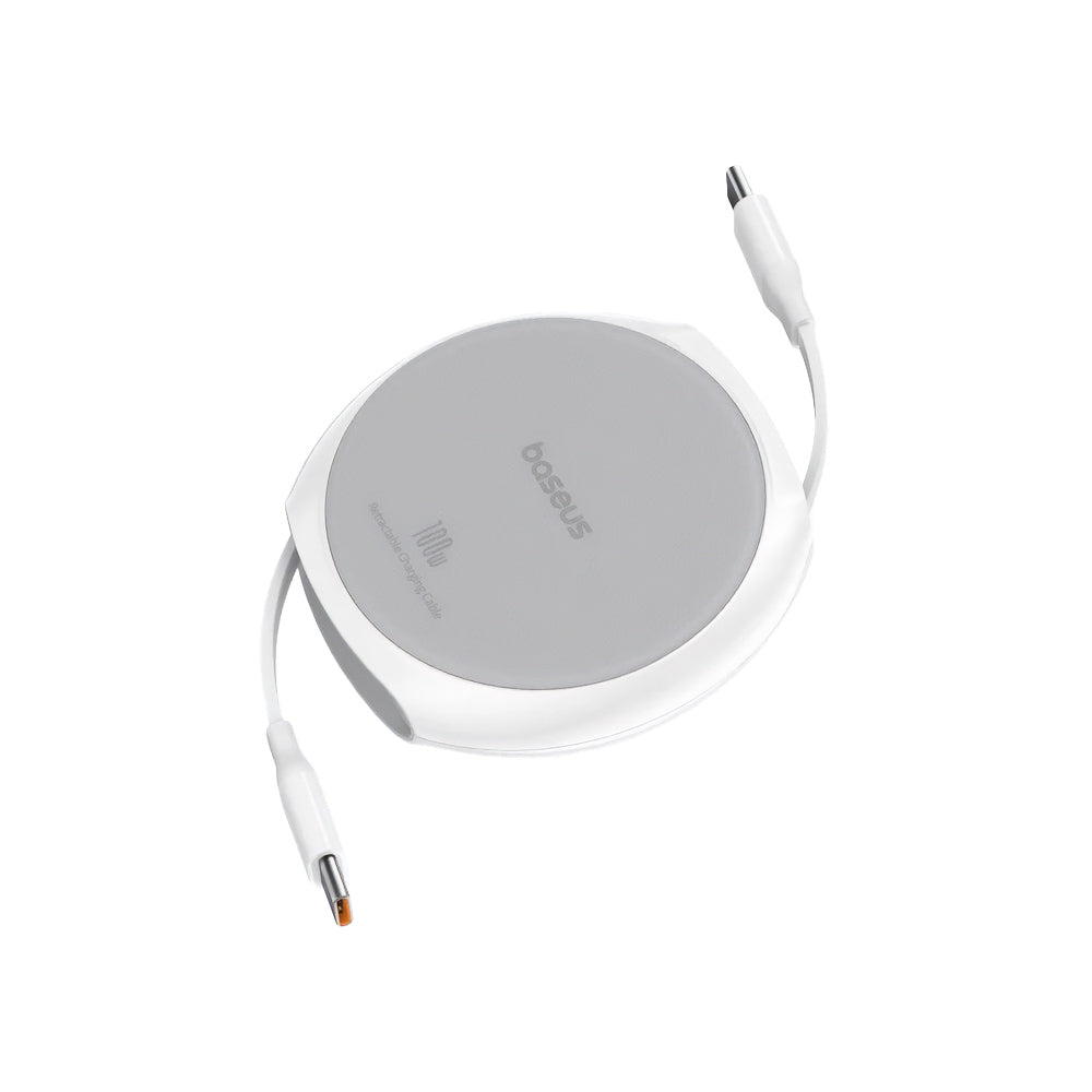 Baseus Retractable USB-C to USB-C 100W Fast Charging Cable in White, showcasing its retractable design and sleek finish.