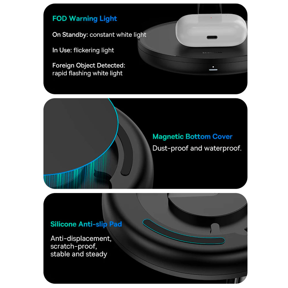 Other features of the Baseus Swan 3-in-1 Magnetic Wireless Charging Stand.