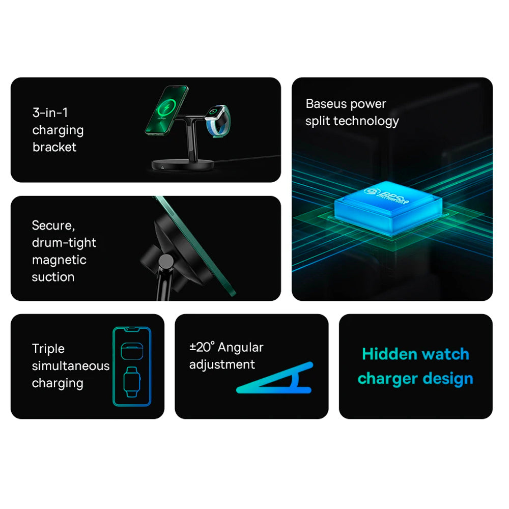 Key features of the Baseus Swan 3-in-1 Magnetic Wireless Charging Stand.