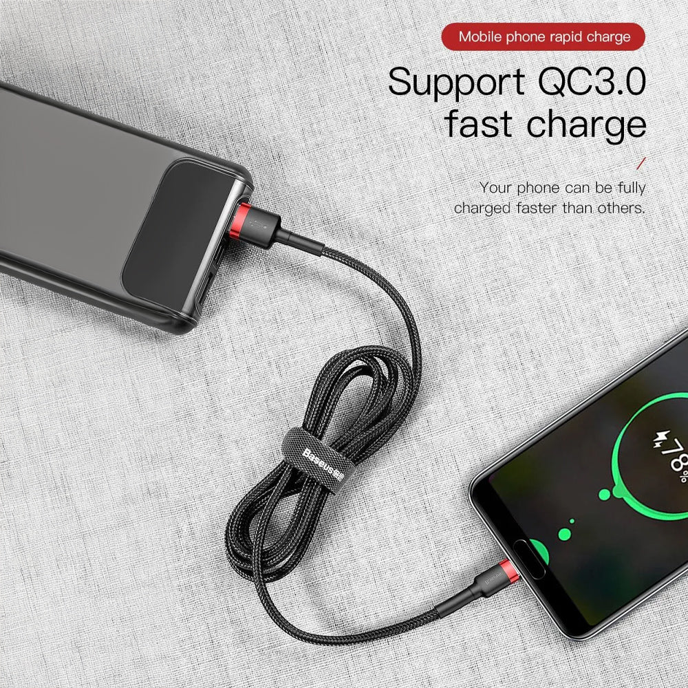 Baseus USB to USB-C Cable delivering fast charging to a smartphone, highlighting its Quick Charge 3.0 capability.