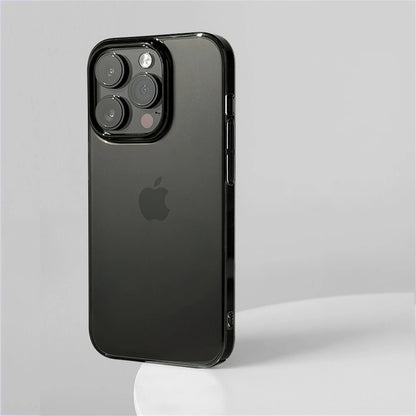 Ultra-Thin Black Clear Polycarbonate Case for iPhone, showcasing its transparent hard shell and black border.